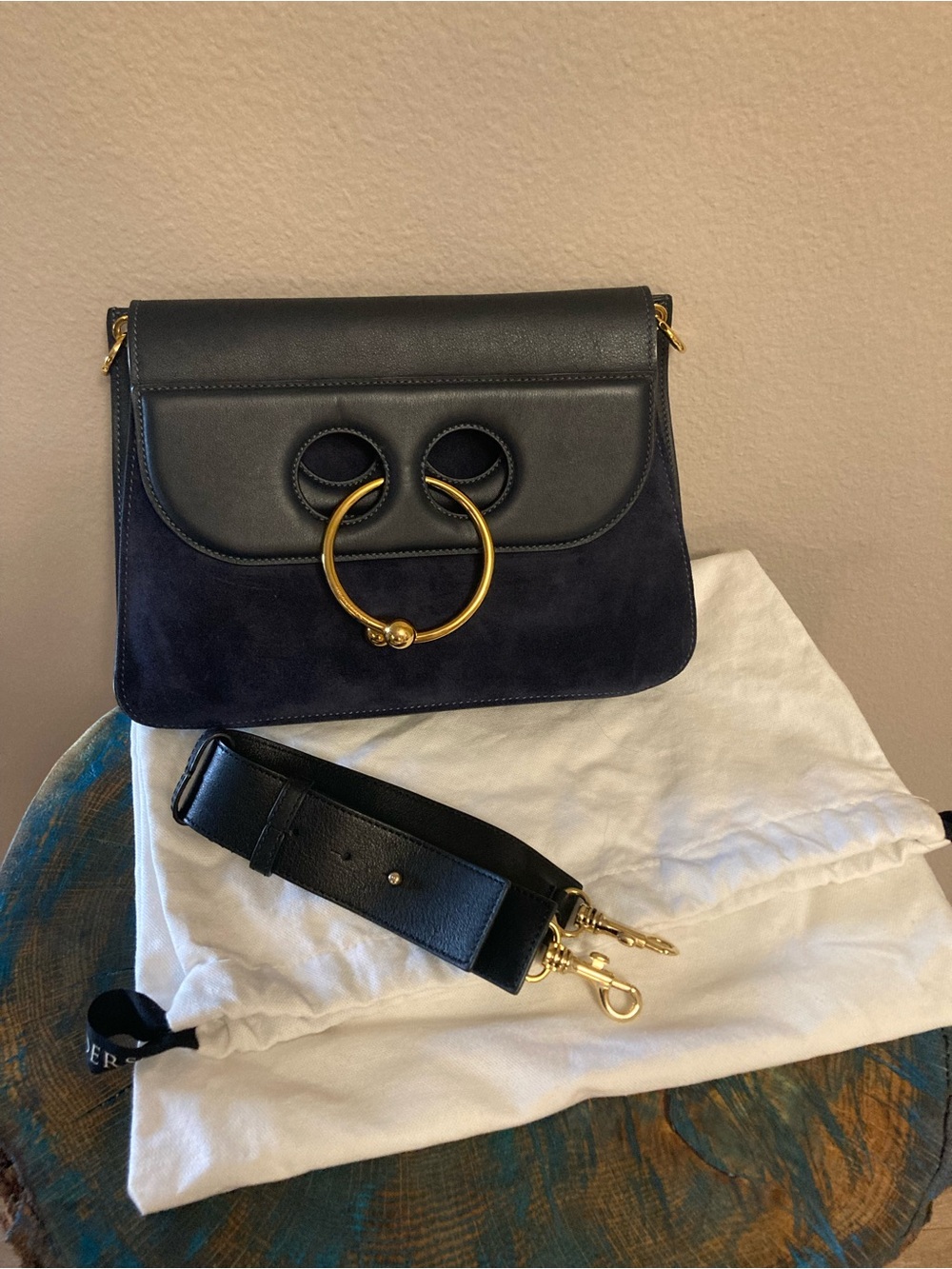 JW ANDERSON Navy and Black Suede and Leather Shoulder Bag with Gold Ring